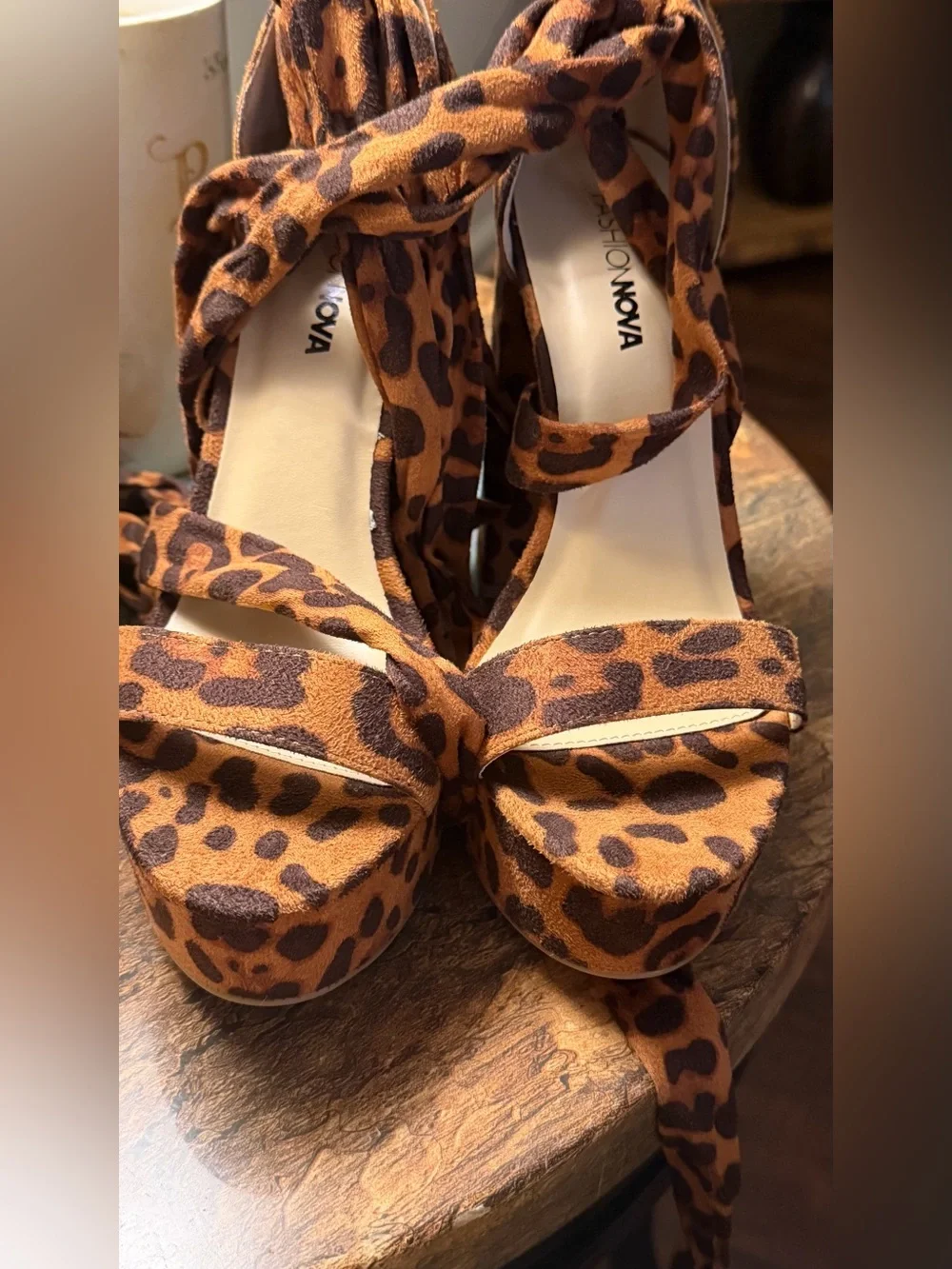 Fashion Nova Leopard Print Platform Lace-Up Heels - Brown